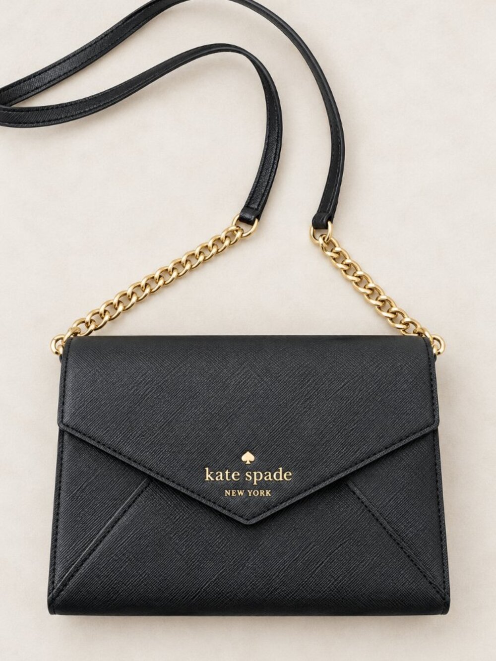 Kate Spade Black Saffiano Leather Envelope Crossbody Bag Gold Chain Mini Purse